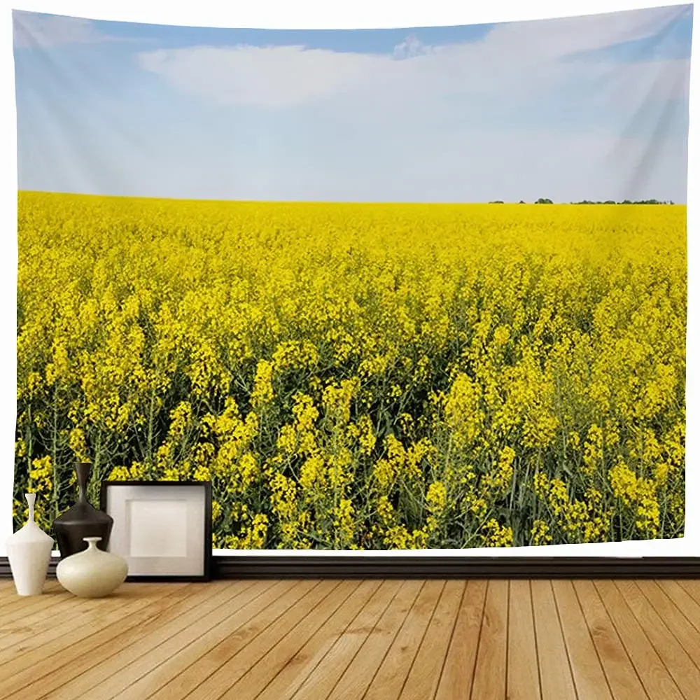 Nature Rapeseed Tapestry Aesthetic Spring Tapestry Yellow Flowers Tapestries Wall Hanging Room Art Decor for Bedroom Living Room