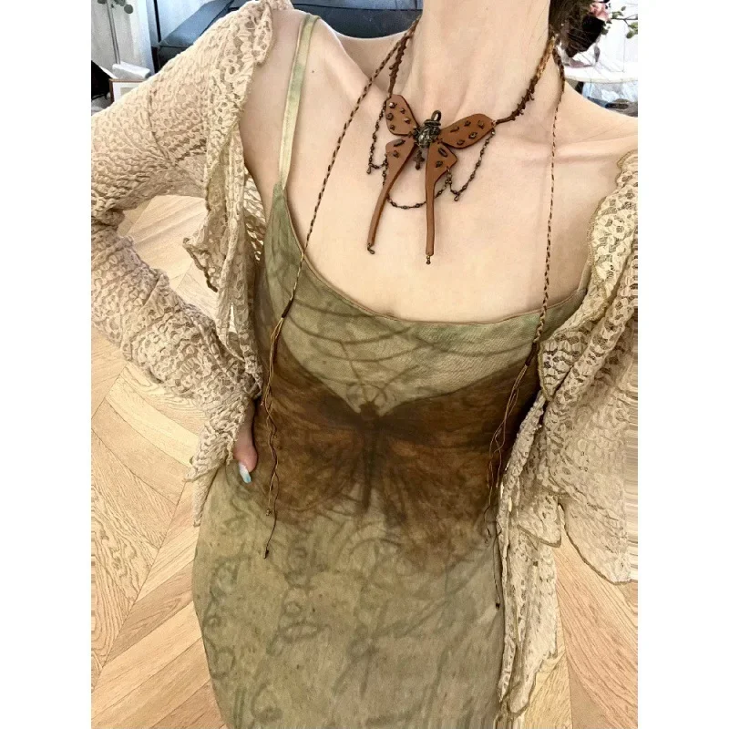 

Japanese Chic Two Pieces Set Casual Grunge Cropped Cardigans + Vintage Y2k Aesthetic Slim Waist Tunic Sexy Butterfly Print Dress