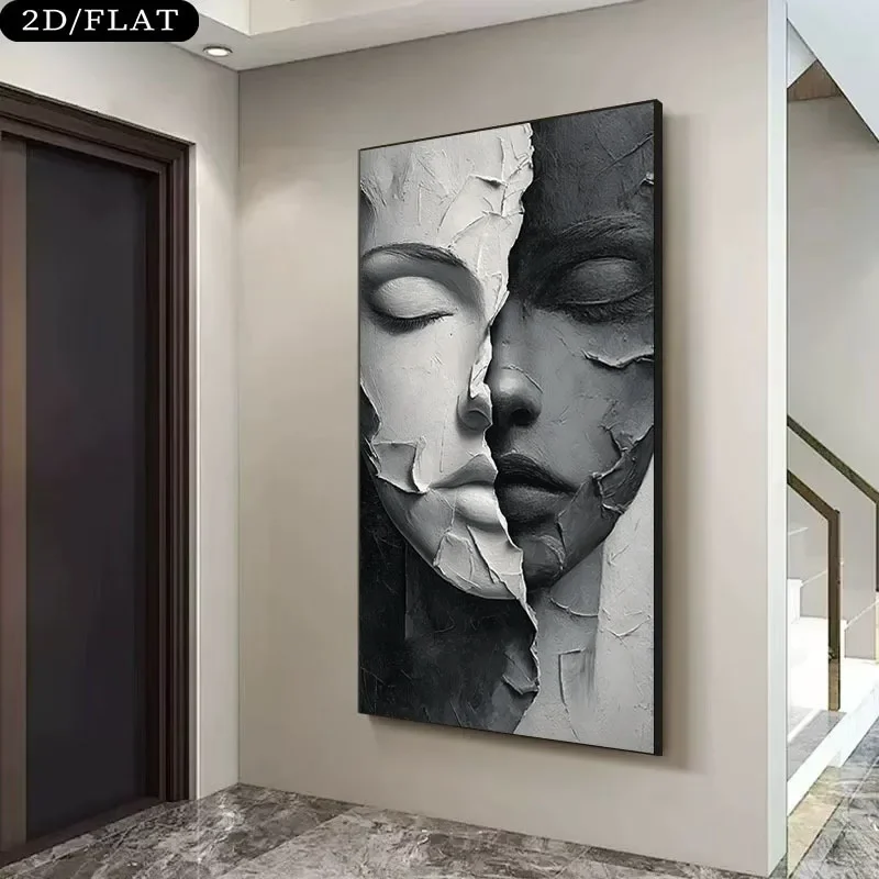 1pc frameless Canvas Painting 2D Flat Large Abstract Face Split in Black & White Canvas Wall Art Unframed Modern Minimalist Canv