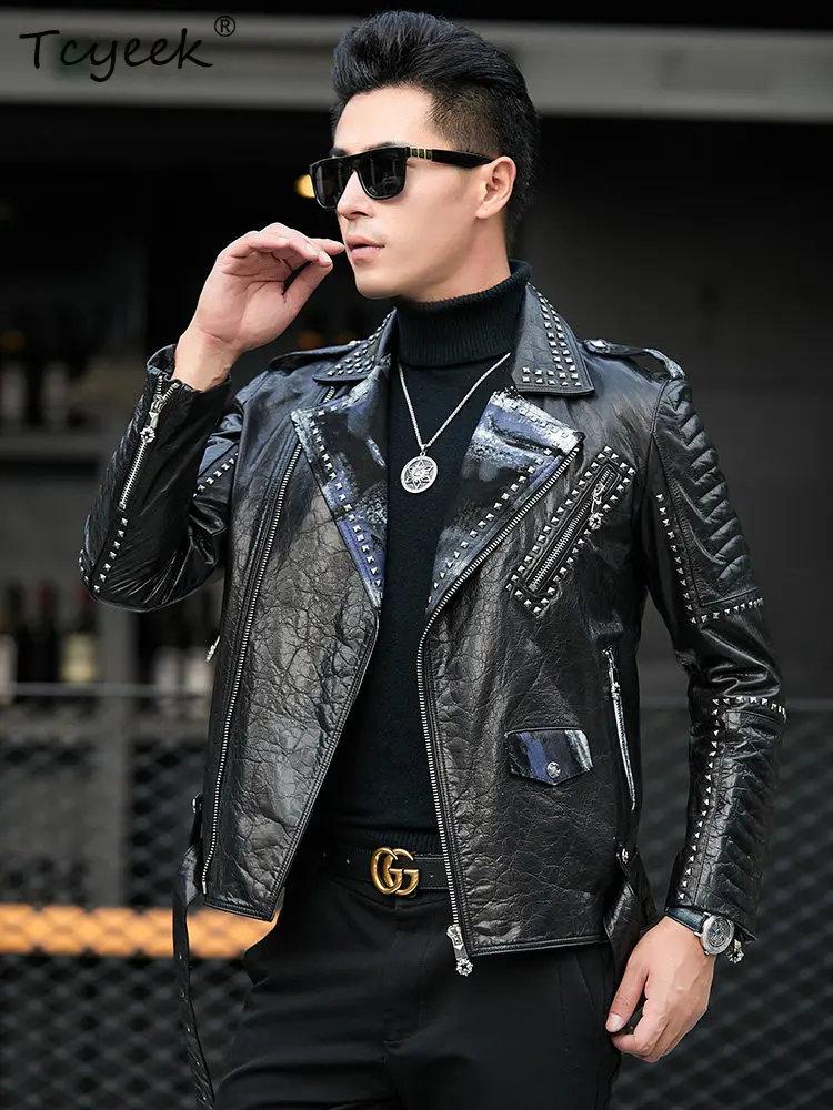 Tcyeek 100% Cowhide Mens Coats Real Leather Jacket Men Motorcycles Clothes Suit Collar Autumn Coat Trendy Zipper Jaqueta Couro