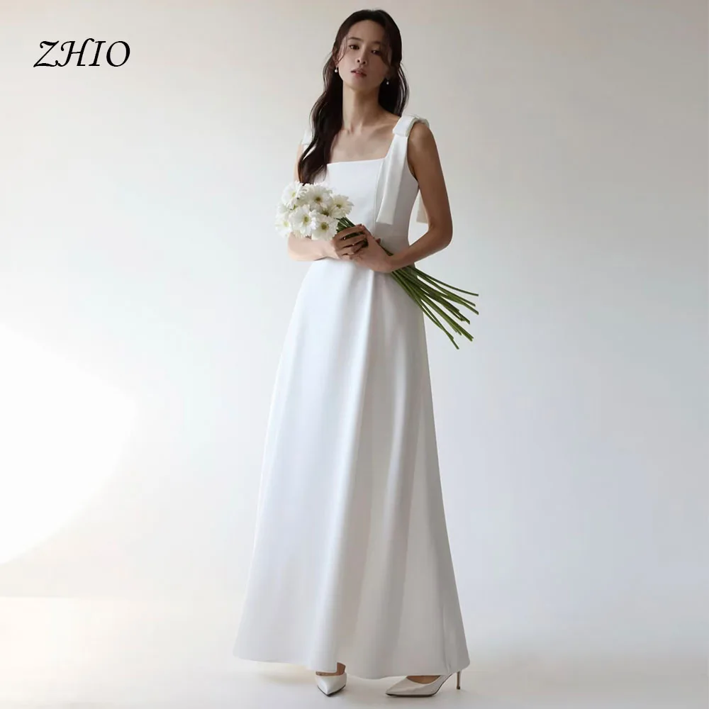 ชุดแต่งงานผ้าซาตินสีขาวเรียบง่าย สายเดี่ยวผูกโบว์ ชุดราตรีสไตล์เกาหลี สำหรับถ่ายภาพ ชุดเจ้าสาวสั่งตัด