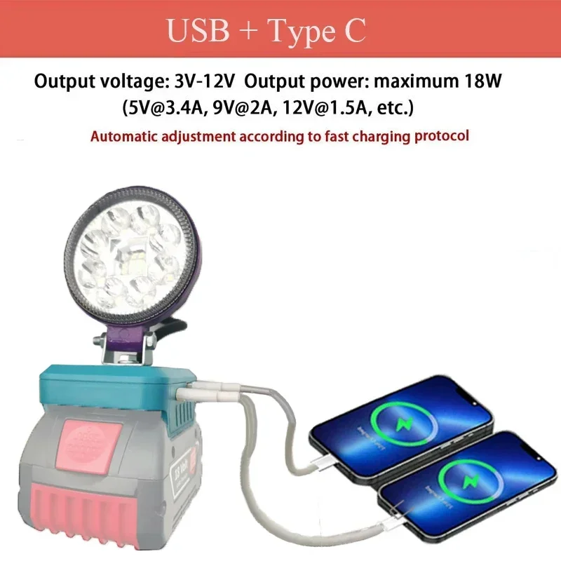 Imagem -03 - Led Carro Trabalho Lâmpada Luz Lanterna Tocha tipo c Usb Banco de Potência para Makita Dewalt Bosch Milwaukee Bateria 18v 12