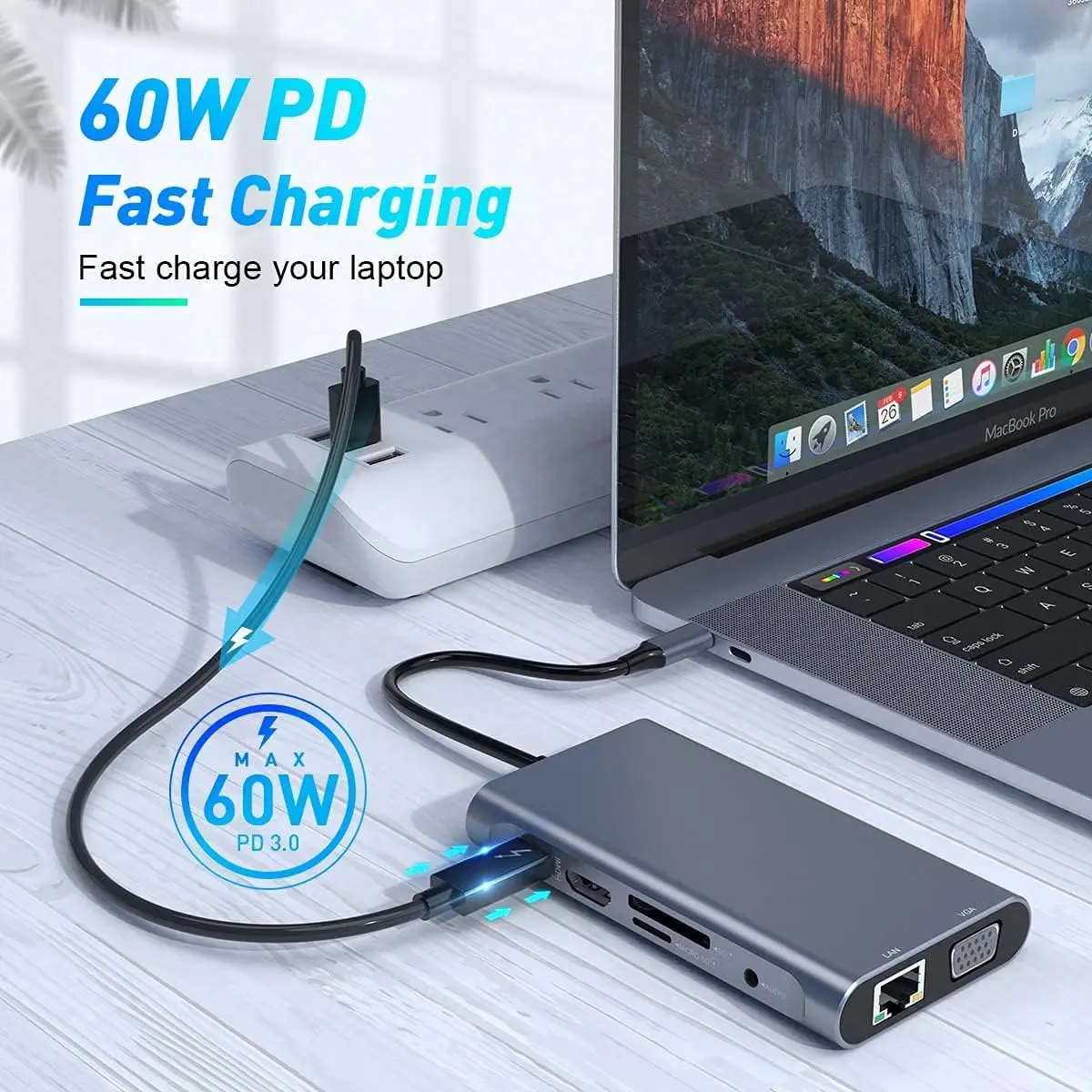 USB C Hub Double Display Type C Docking Station 4K HDMI VGA Gigabit Ethernet Power Delivery SD/TF Card Audio for MacBook laptop