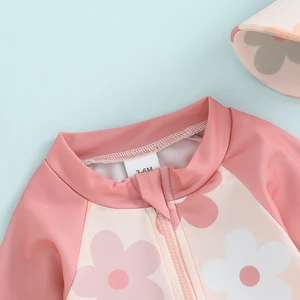 Long -sleeved zipper facts for children with floral and tropical print with hat, children's swimwear, summer, girls, boys 12 Main Sales Bathrooms Children's Girl - №7