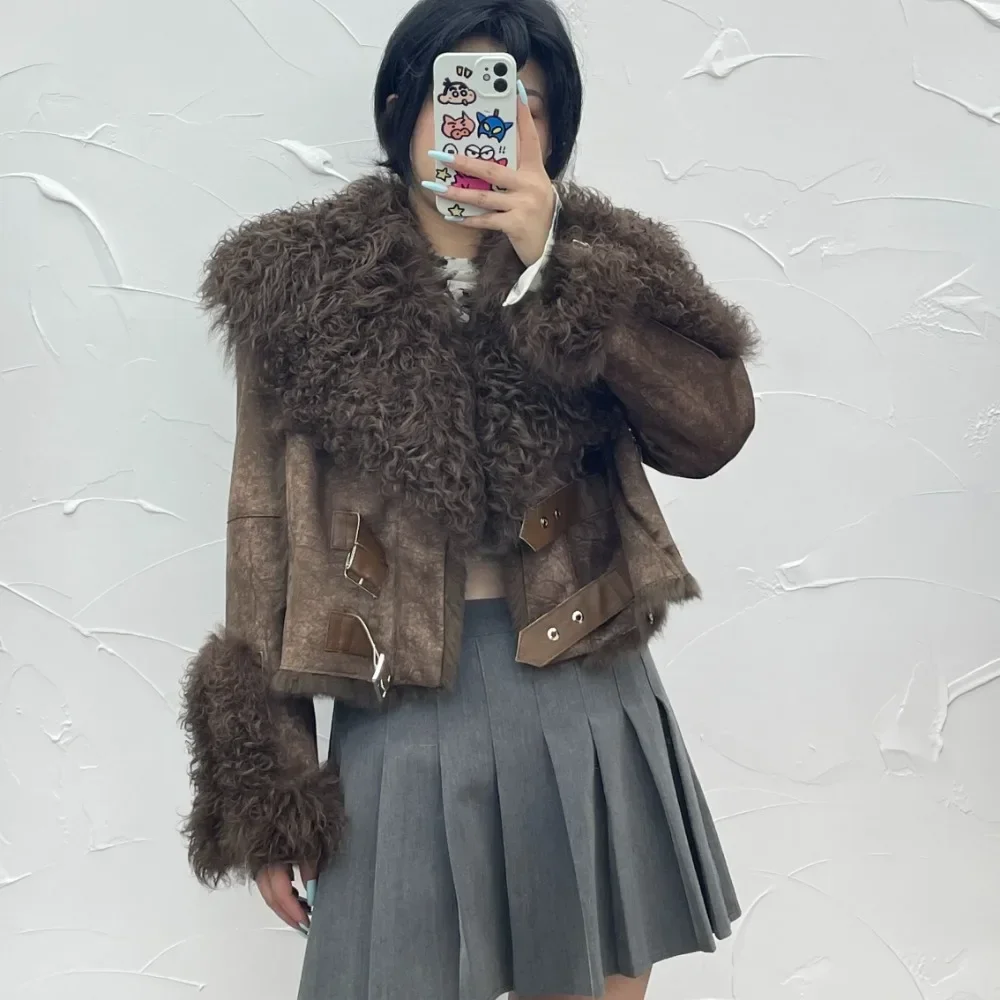 Chamois Leather Jacket Winter Outwear Rabbit Fur Coat Women\'s Short Fashion 2024 New Irregular Wool-fur Patchwork Coat