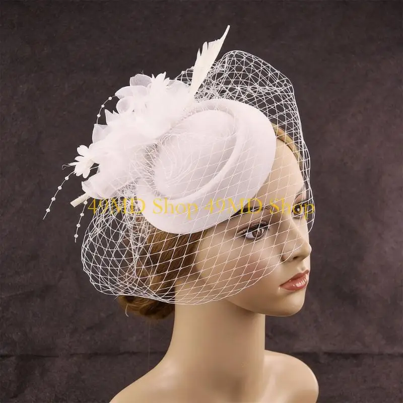 49MD Elegant Wool Fascinator Hat For Women Cocktail Party Photoshoots 1920s Flapper Costume Props Headwear for Horse Racing