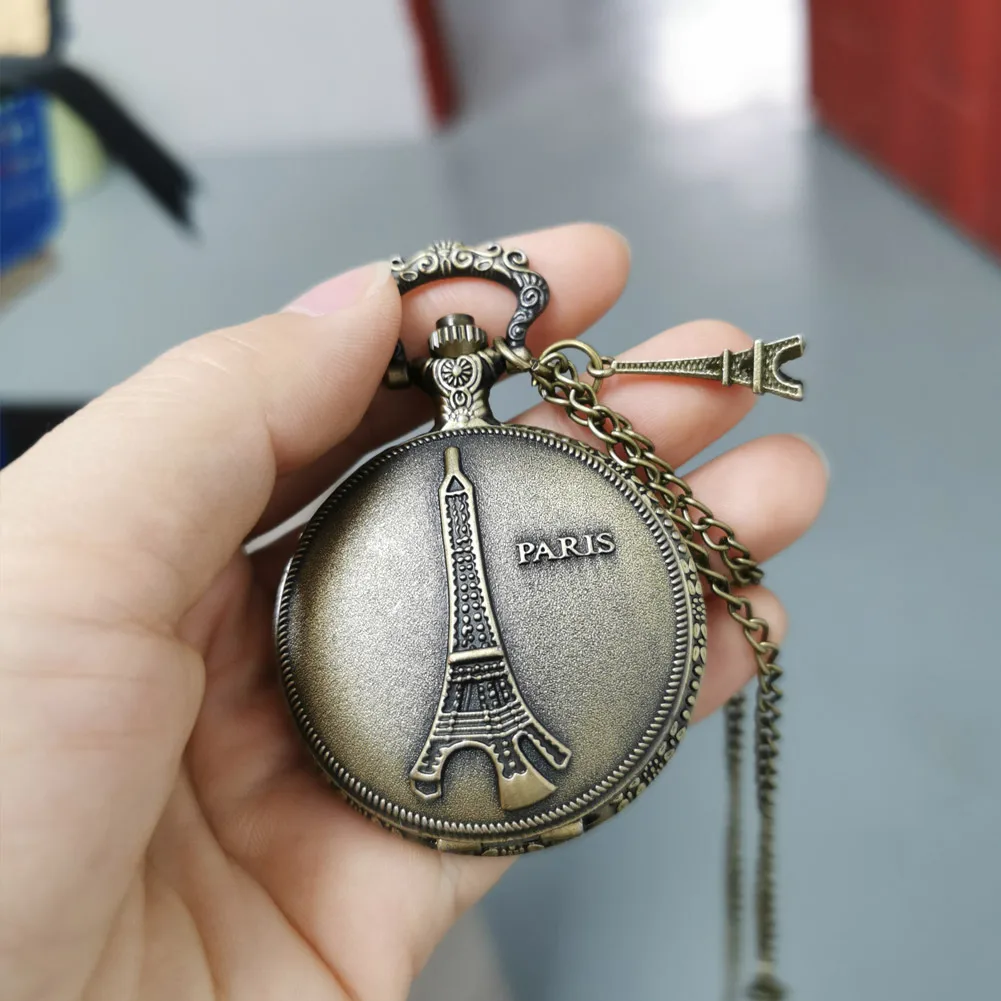 Reloj de bolsillo clásico de la serie de la Torre Eiffel, colgante de collar de bronce, colección de recuerdos Vintage, regalo Unisex