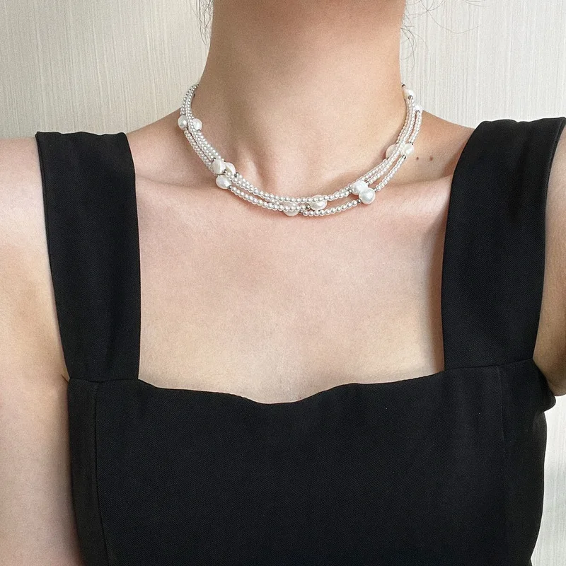 High-quality natural freshwater baroque pearl crystal multi-layered clavicle chain necklace