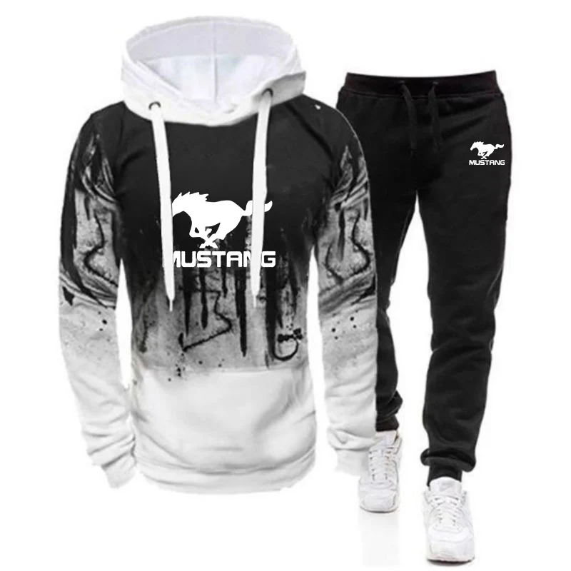 2024 Spring Autumn Mustang Logo Printed Trendy Gradient Color Hoodies Sports Set Men\'s Hooded Tracksuit+Leisure Sweatpants Suits