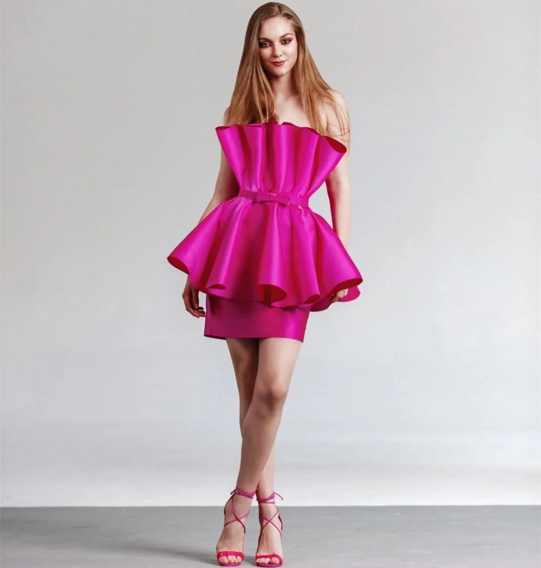 

Elegant Short Fuchsia Satin Evening Dresses With Sash Sheath Ruffled Mini Length Prom Wedding Guest Dress for Women