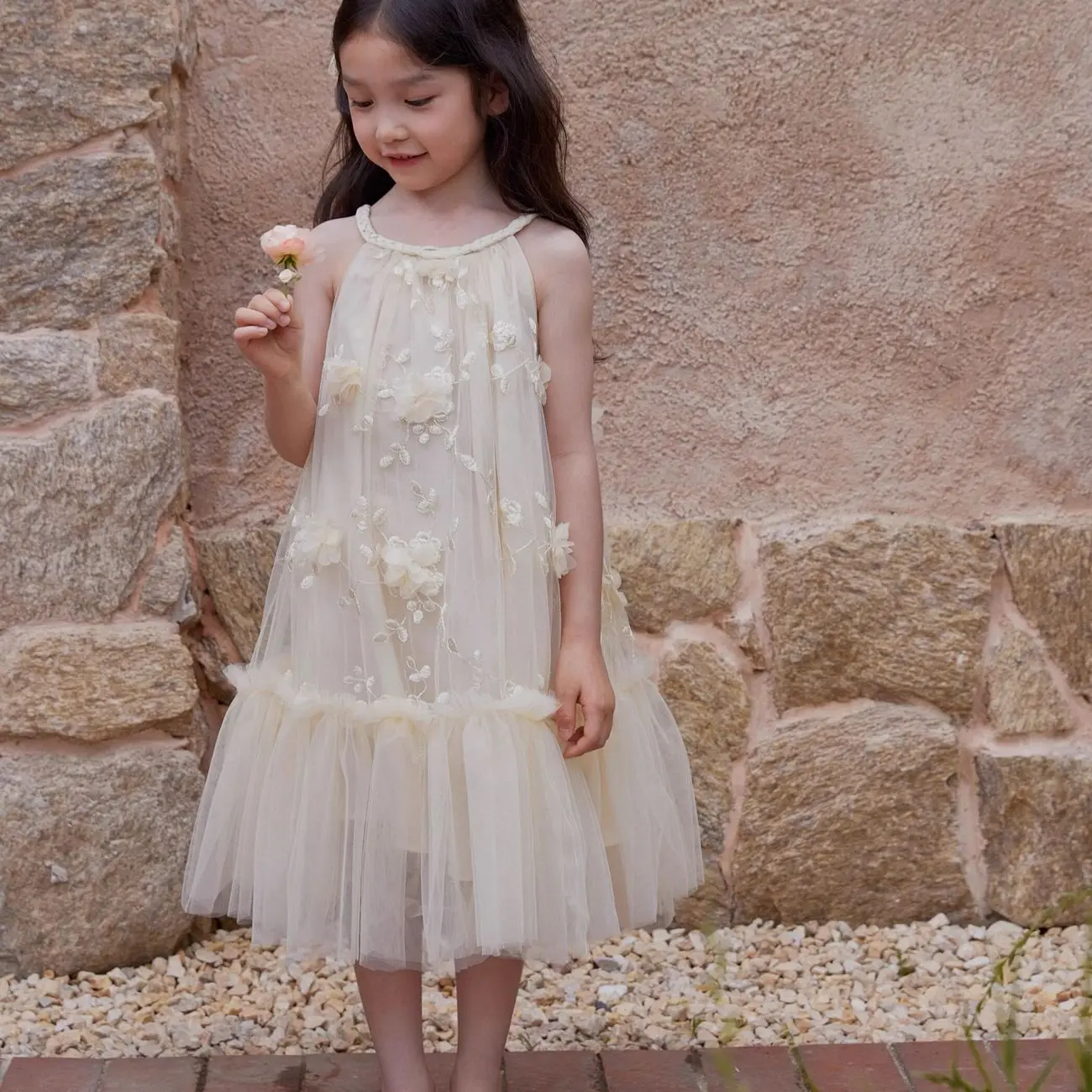 Girls Halter Neck Tulle Dress Summer 3D Flower Princess Dress Kids Fairy Party Gown Children Clothing