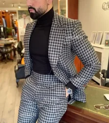 Ternos de casamento houndstooth masculinos, roupa formal para o noivo, tweed vintage, jaqueta e calça de duas peças, smoking de casamento, luxo, 2 peças