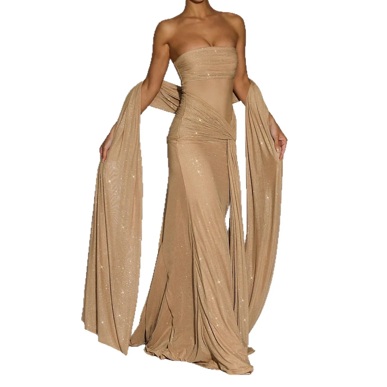 فستان نسائي جديد لعام 2025 أنيق غير منتظم مزين بالترتر بدون حمالات وأكمام شريطية