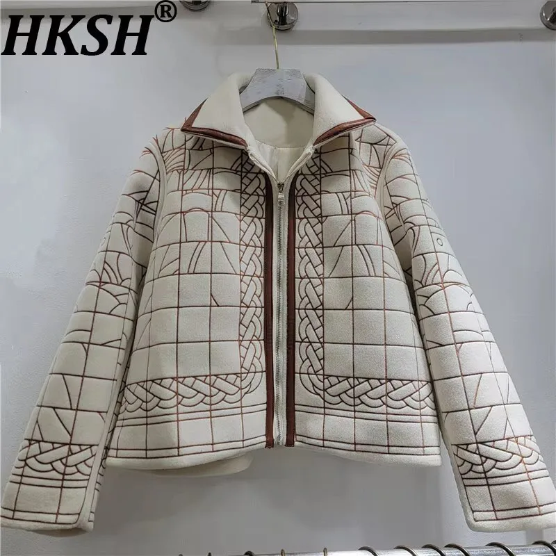 

HKSH Spring Autumn New Women Jacket PU Leather Patchwork Embroidery Woolen Contrast Color Zipper Streetwear Ins OverCoat HK13142