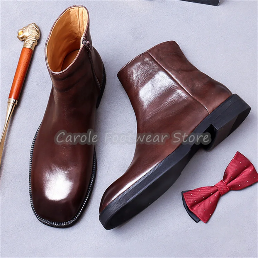 

British Style High Top Zipper Chunky Heel Boots for Men Handmade Genuine Leather Ankle Boots Male Business Party Dress Shoes