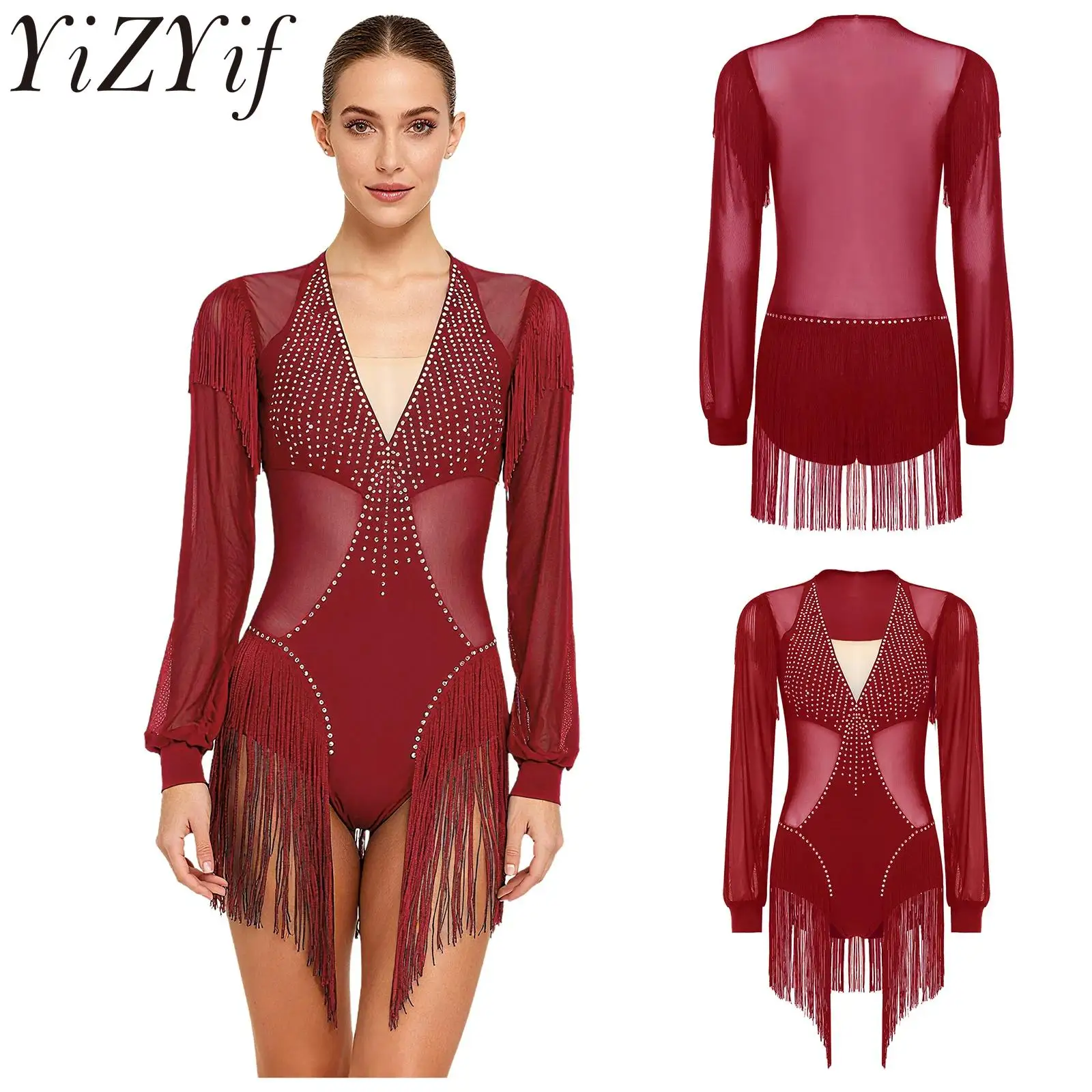 

Женское трико для латинского танго, балетное гимнастическое боди для тренировок, прозрачная сетка с длинными рукавами для балета, танго, танцевального выступления