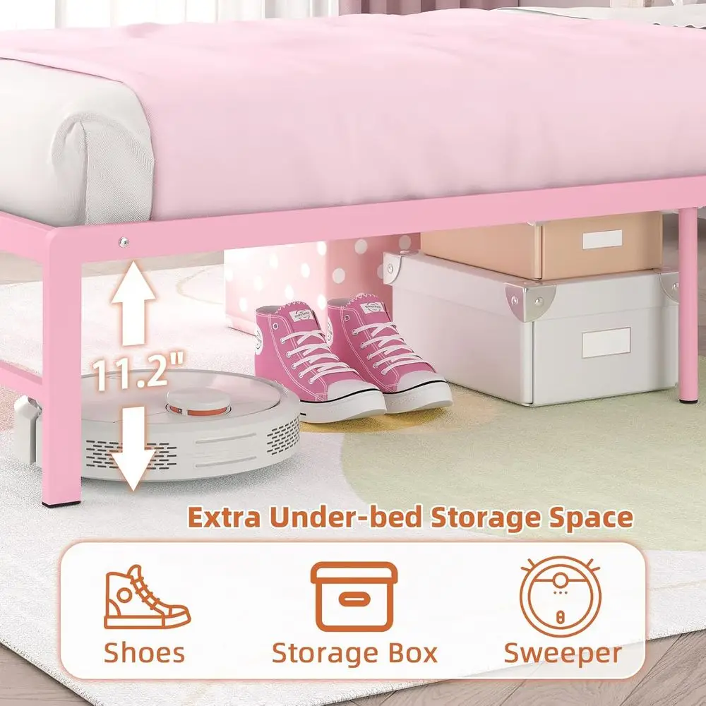 Pink Heavy-Duty Metal Twin Bed Frame with 2-Tier Storage Headboard, No Box Spring Needed, for Girls