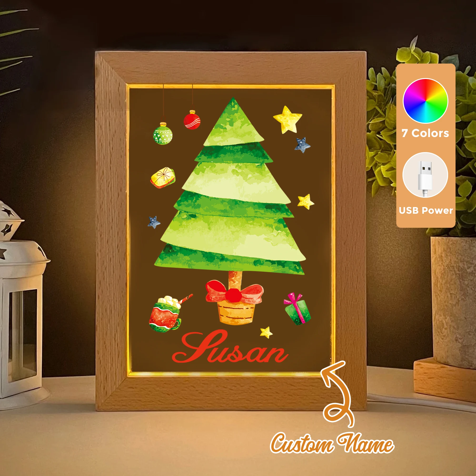

Custom Name Christmas Tree LED Acrylic Night Light Wood Photo Frame 21x17cm Christmas Cartoon Children Bedroom Gifts Home Decor