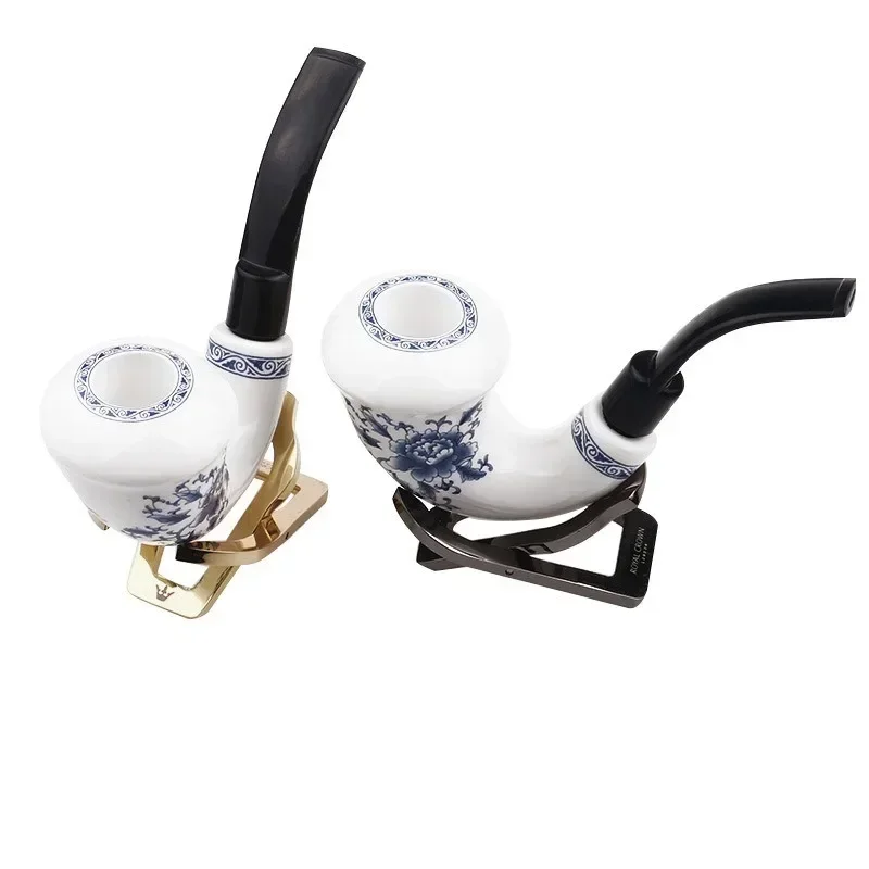 Hot selling 142mm blue and white porcelain elbow ceramic pipe with hollow design lightweight and not too hot to handle