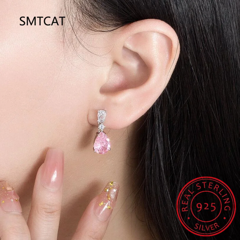 100% 925 Sterling Silver Pink Water Drop High Carbon Diamond Drop Earrings For Women Sparkling Wedding Party Fine Jewelry Gift
