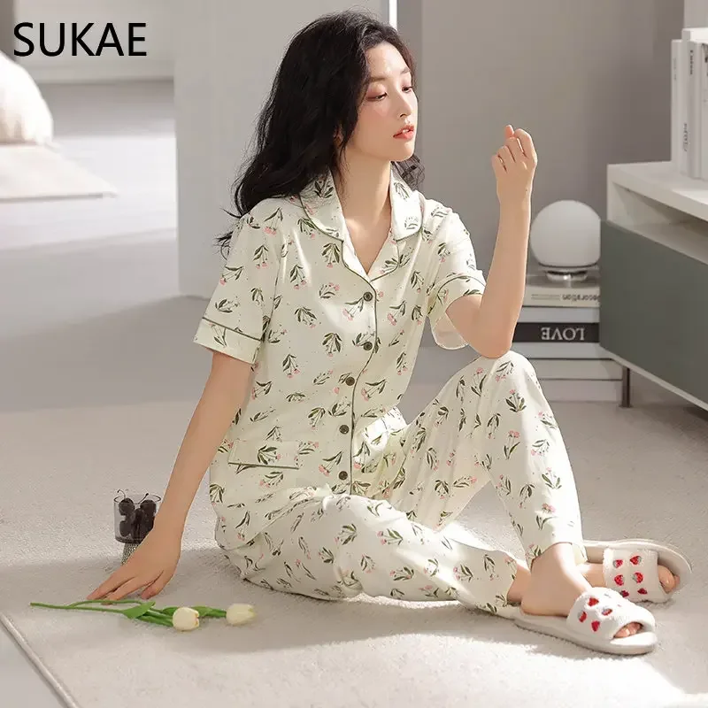 SUKAE M-4XL Summer Lady Pijama Women Clothing Underwear Short Sleeves Full Pants Cardigan Pajama Turn-down Cotton Sleepwear