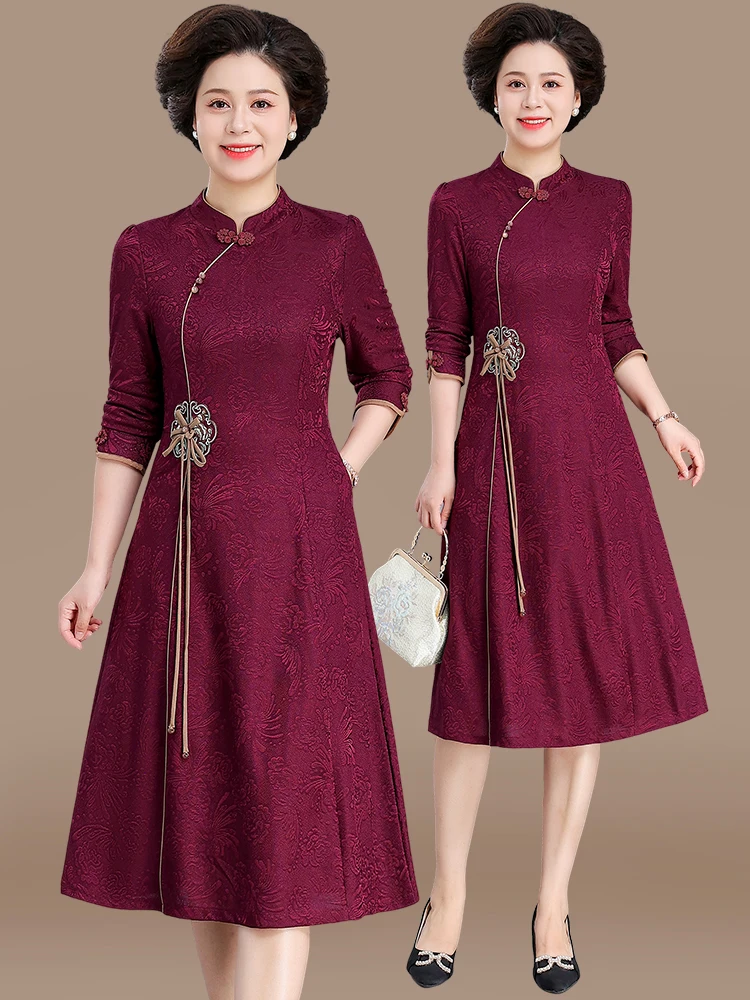 

New 2024 Autumn Sle Dr for Middle-Aged And ly Mothers Faionable Loose Fit Polyester Women's Dr