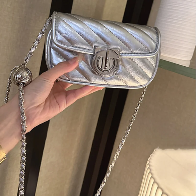 Silver Mini Crossbody Bags for Women Fashion Office Lady Rhomboid Lattice Shoulder Bag All-match PU Leather Chain Mini Handbag