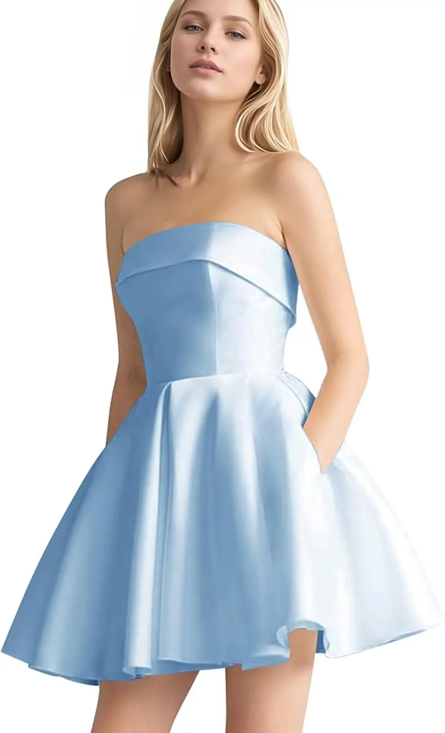 

Teenage satin back to school dress 2025 strapless,sweetheart party ball dress, A-line formal cocktail evening dress with pockets