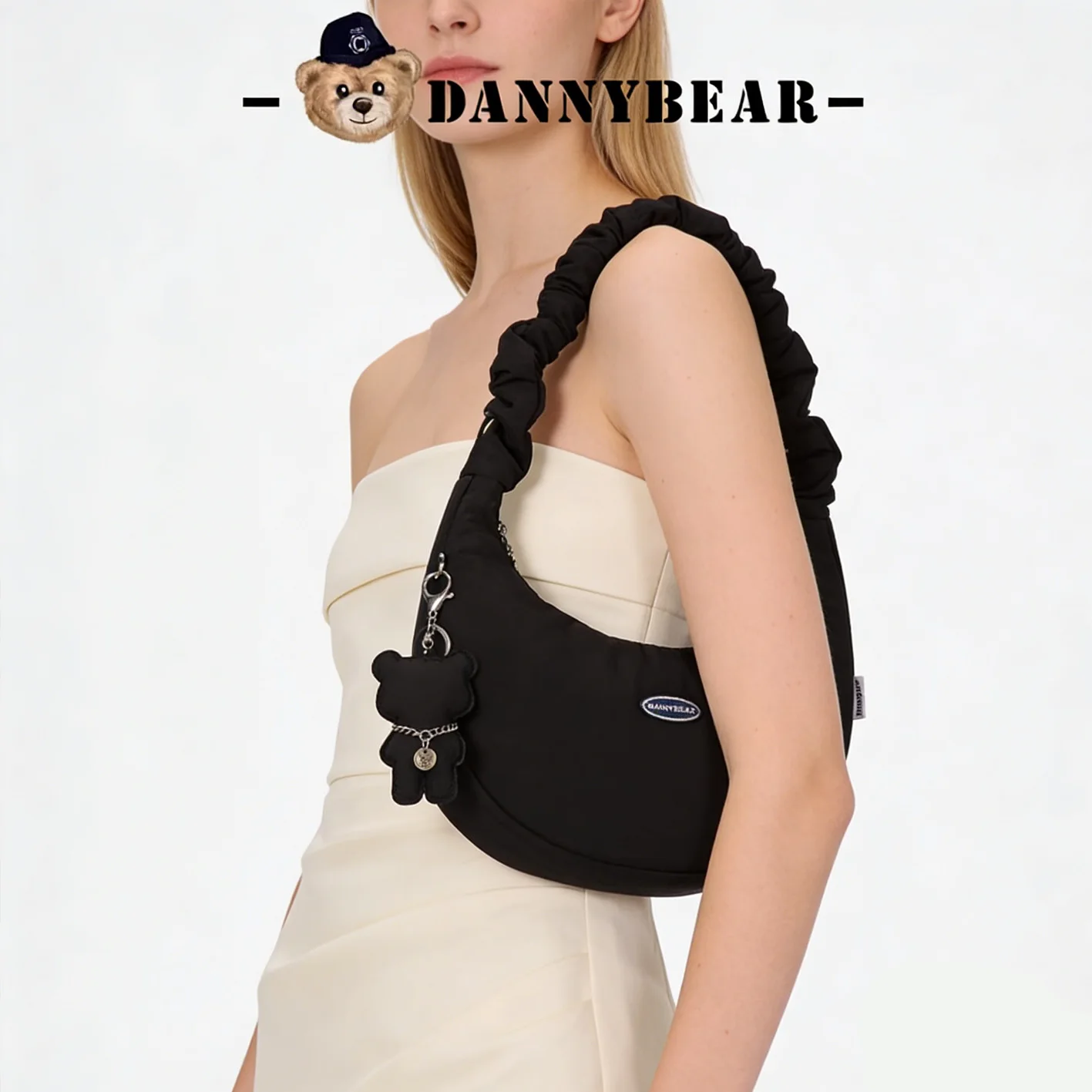 Danny Bear Women's Black Ruched Crescent Shoulder Bag, Cute Bear Charm Hobo Purse, Lightweight Daily Handbag, Free Shipping