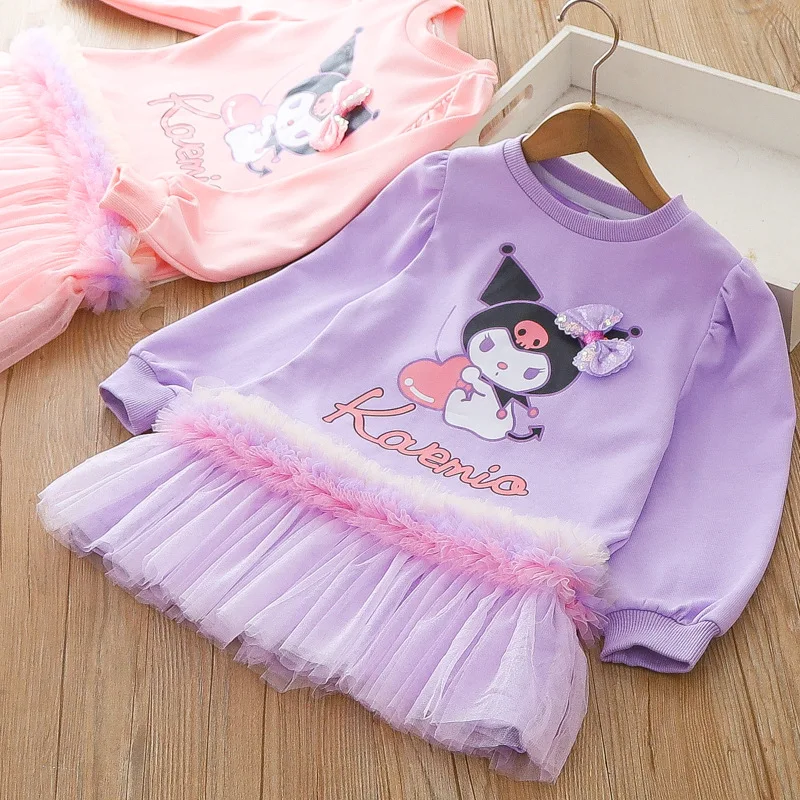 Love Kuromi Long Sleeved Sweater Girl Sanrios Anime Kawaii 2024 Spring Dress New Children Cartoon Cute Sweet Princess Dress Gift