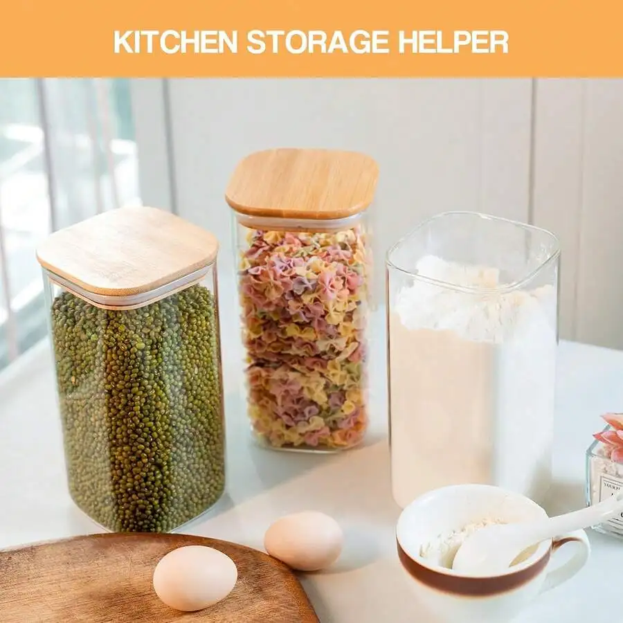 6PCS Glass Storage Jars, 37oz Clear Glass Food Storage Container With Sealed Bamboo Lid Stackable Kitchen Jars For Candy, Biscuits, Rice, Sugar, Flour, Pasta, Nuts & Spice Jars (Square) view 3