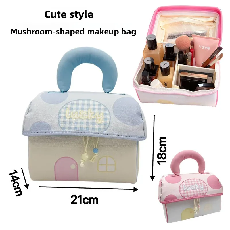 Cute Mushroom House Makeup Bag Cartoon Waterproof Pu Large Travel Cosmetic Organizer Handbag