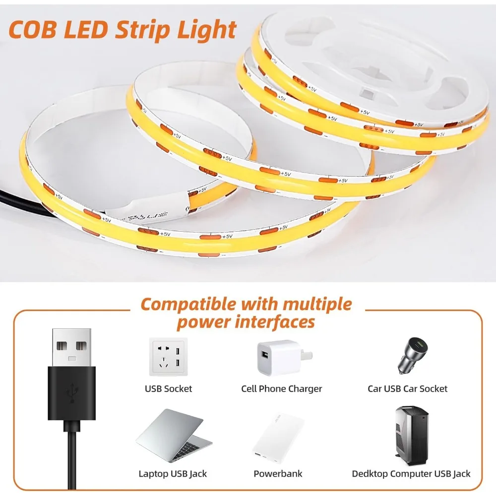 USB LED Strip Lights, Super Bright COB LED Strip Light, 5V Flexible LED Tape Light for TV LED Backlight, Mirrors, Display Cabine