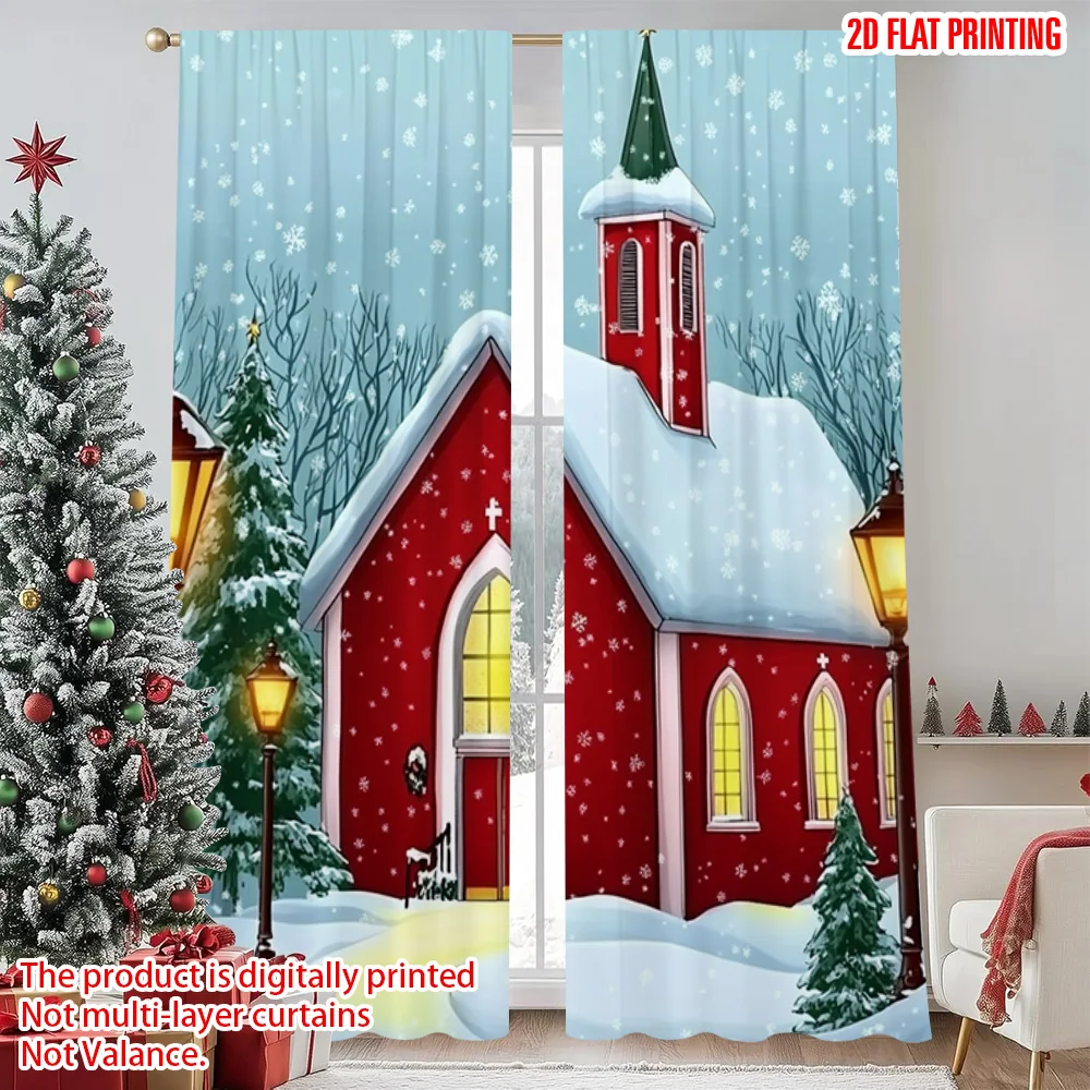 

2pcs 2D flat printing Merry Christmas Popular Party Window Curtains Festive Red Church with Snow Scenery Versatile Polyester