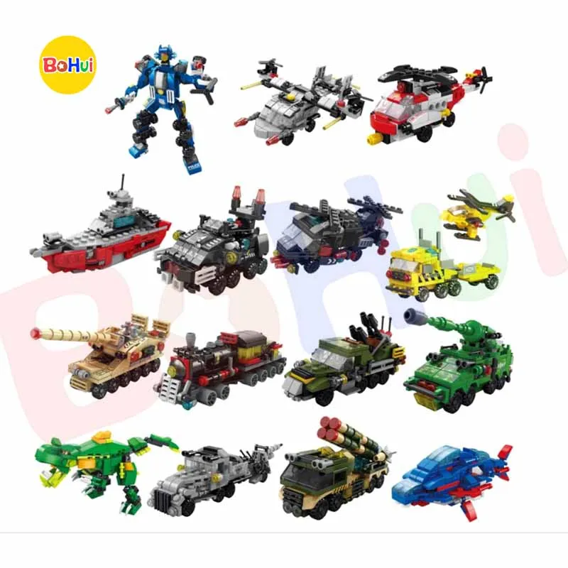 New 6in1 City Warship Tank Excavator Mortar Train Helicopter Model Building Blocks Bricks Sets Classic Kids Toys For Children