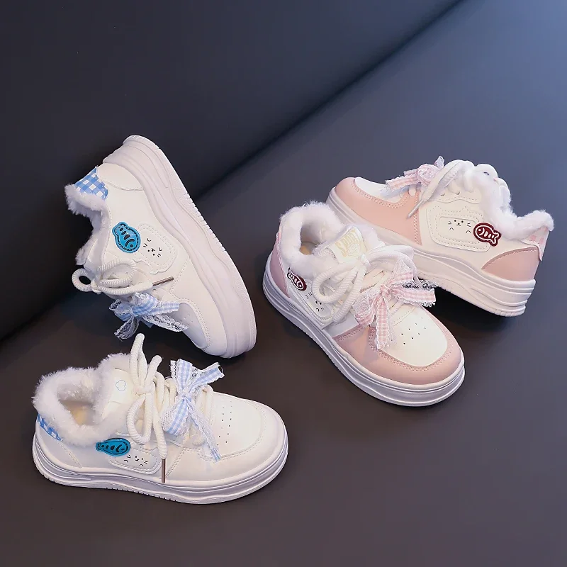 

Girls Sports Shoes Sweet Lace Bows Kids Flats Suede Warm Soft Bottom 2025 Winter New Children Casual Shoes Versatile Non-slip