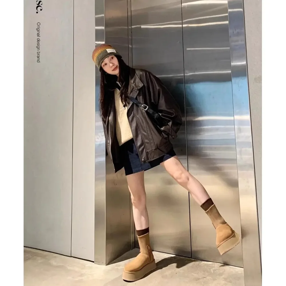 

Ladies Thick Heel Elastic Short Boots Sheepskin Fur Integrated Snow Boots Winter Fashion Boots round Toe over Knee Boots