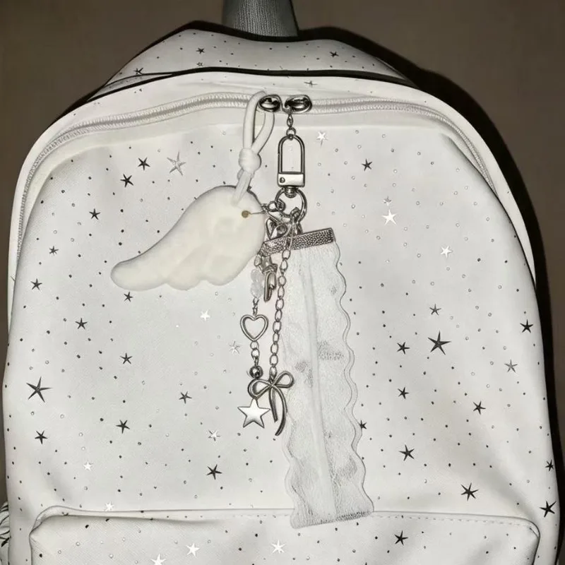 1 Piece Y2K Sweet Cool Angel Wings Bag Charm White Long Lace Keychain Heart-Shaped Niche Personality Backpack Decoration Ccd Camera Charm