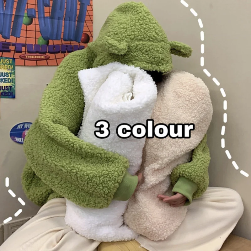 

Kawaii флисовые мягкие толстовки из искусственного меха с длинными рукавами и капюшоном с медвежьими ушками, осень-зима, женская толстовка на молнии цвета авокадо
