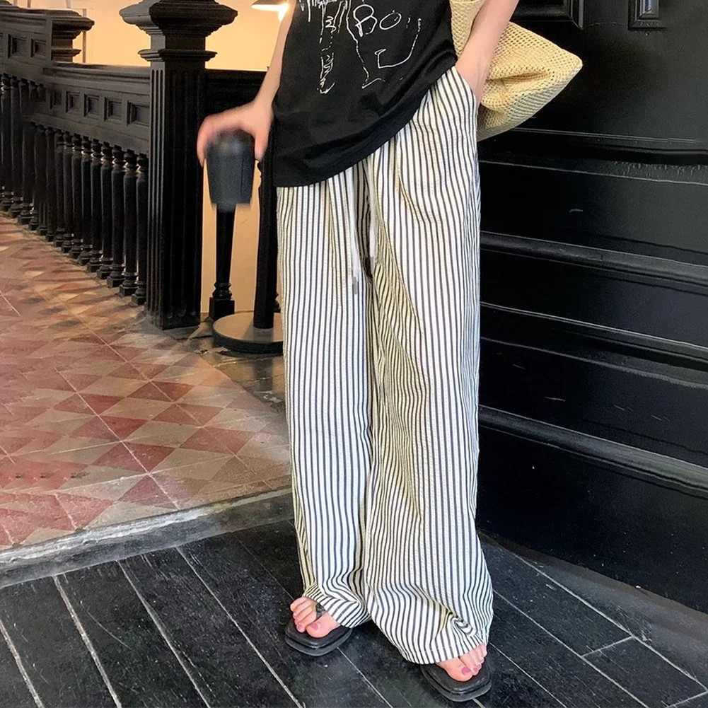 Drawstring Black White Vertical Striped Casual Pants Women Spring Summer New Korean Loose Drape Long Pants Wide Leg Pants
