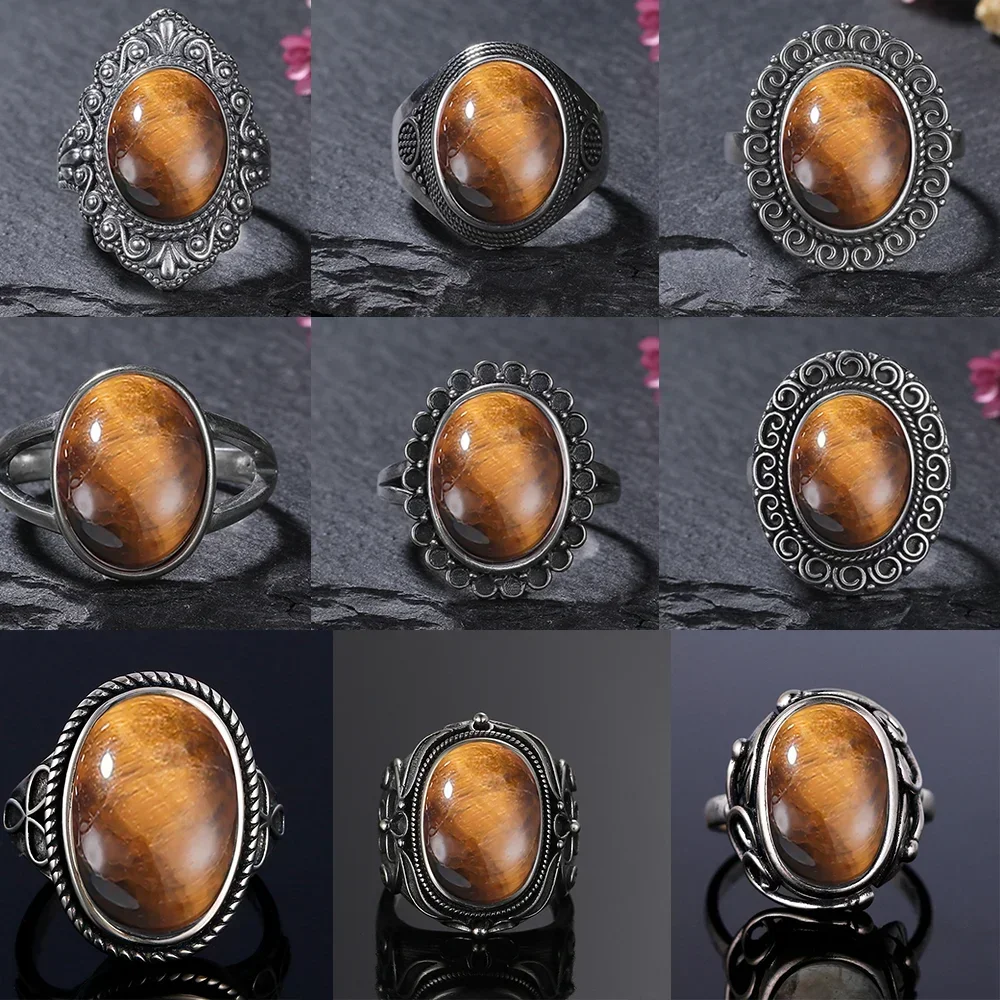 Oval Tiger Eye 925 Sterling Silver Natural Stone Ring Engagement Party Gift for Men Women Retro Jewelry