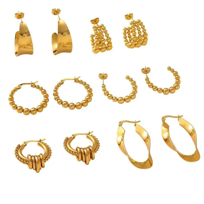 Stainless Steel Beaded Gold Hoop Earrings Retro Twisted C Shape Waterproof Jewelry for Outdoor Swimming Wear