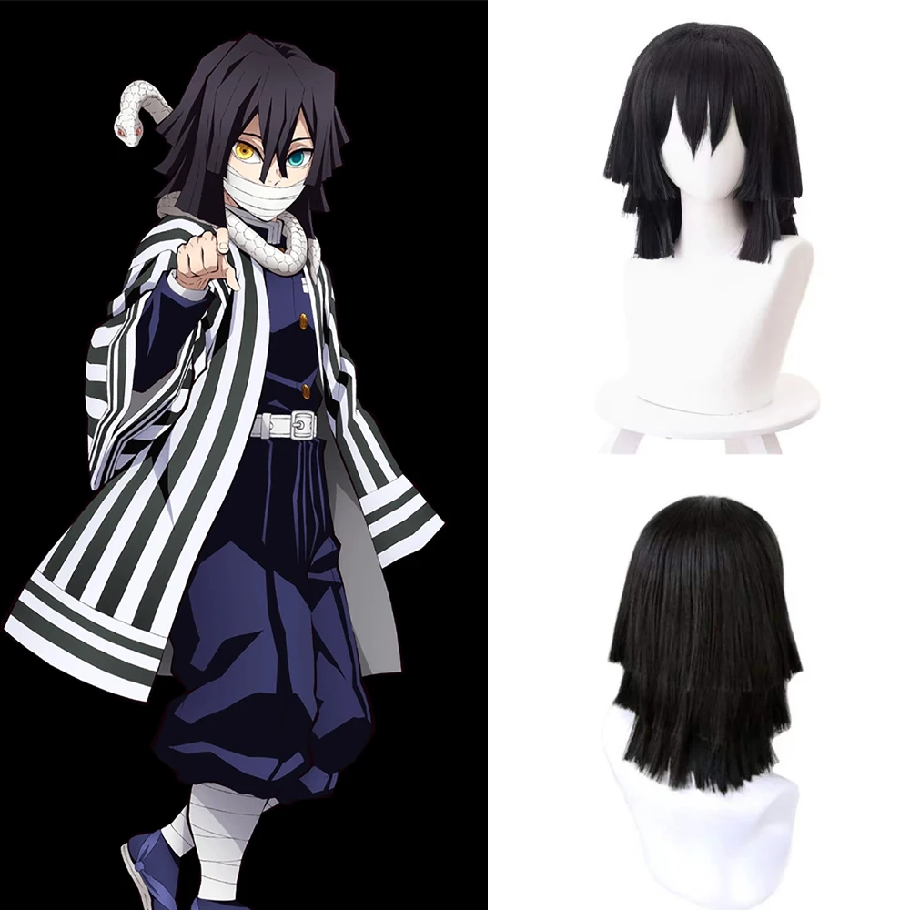 

Anime Demon Slayer Iguro Obanai Cosplay Synthetic Hair 16-Inch Black Layered Straight Hair Halloween Carnival Daily Party Wig