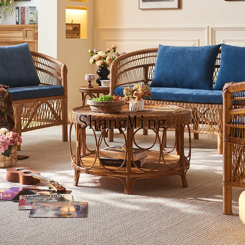 SM نبات الروطان طاولة شاي غرفة المعيشة شقة صغيرة الفن العتيقة جولة الروطان طاولة شاي صغيرة