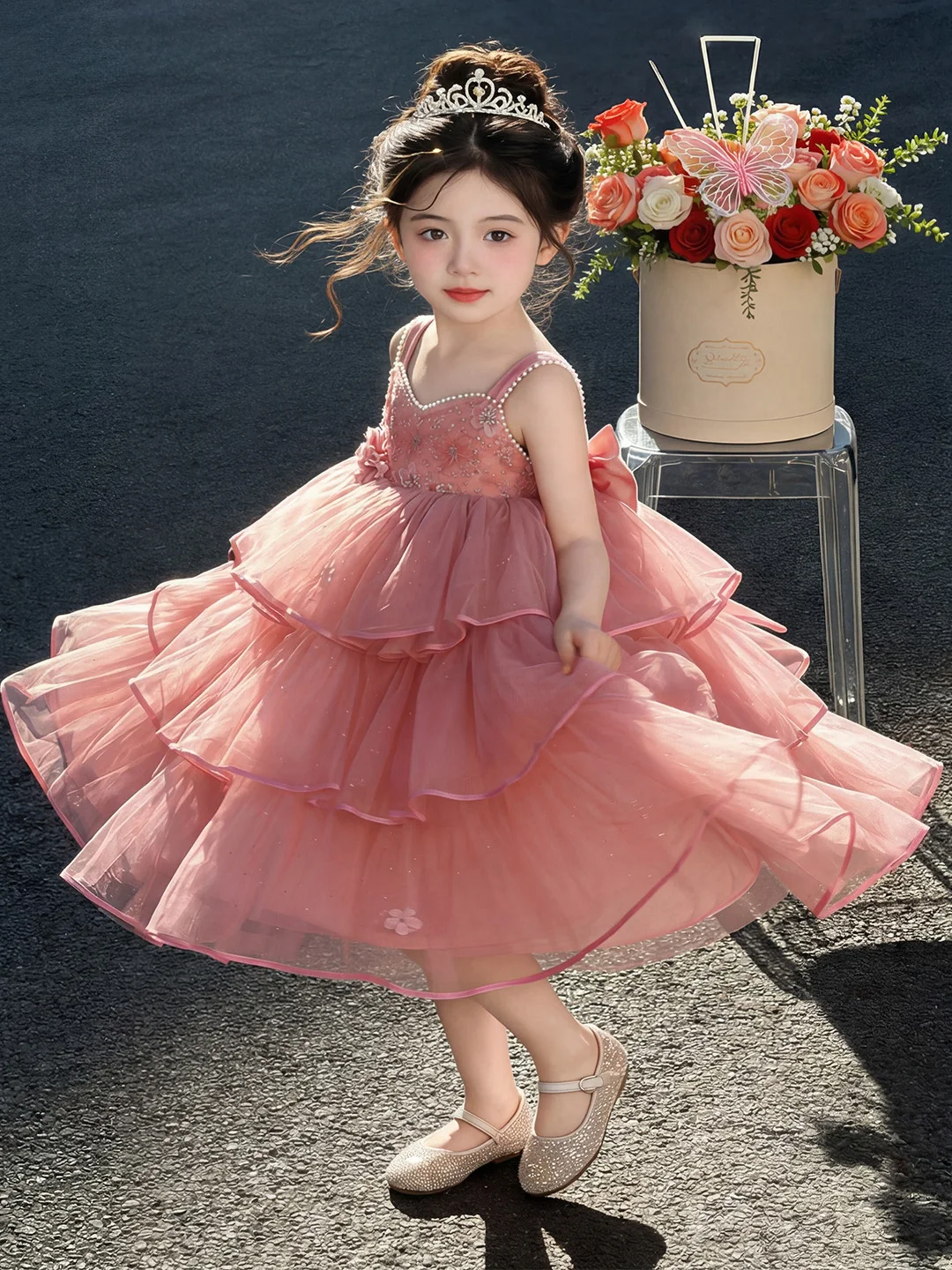 Vestido de Festa Estilo Princesa com Saia de Tule Sem Alças, Roupa de Verão Rosa de Conto de Fadas, Vestido de Aniversário Rodado para Meninas, Roupa 
