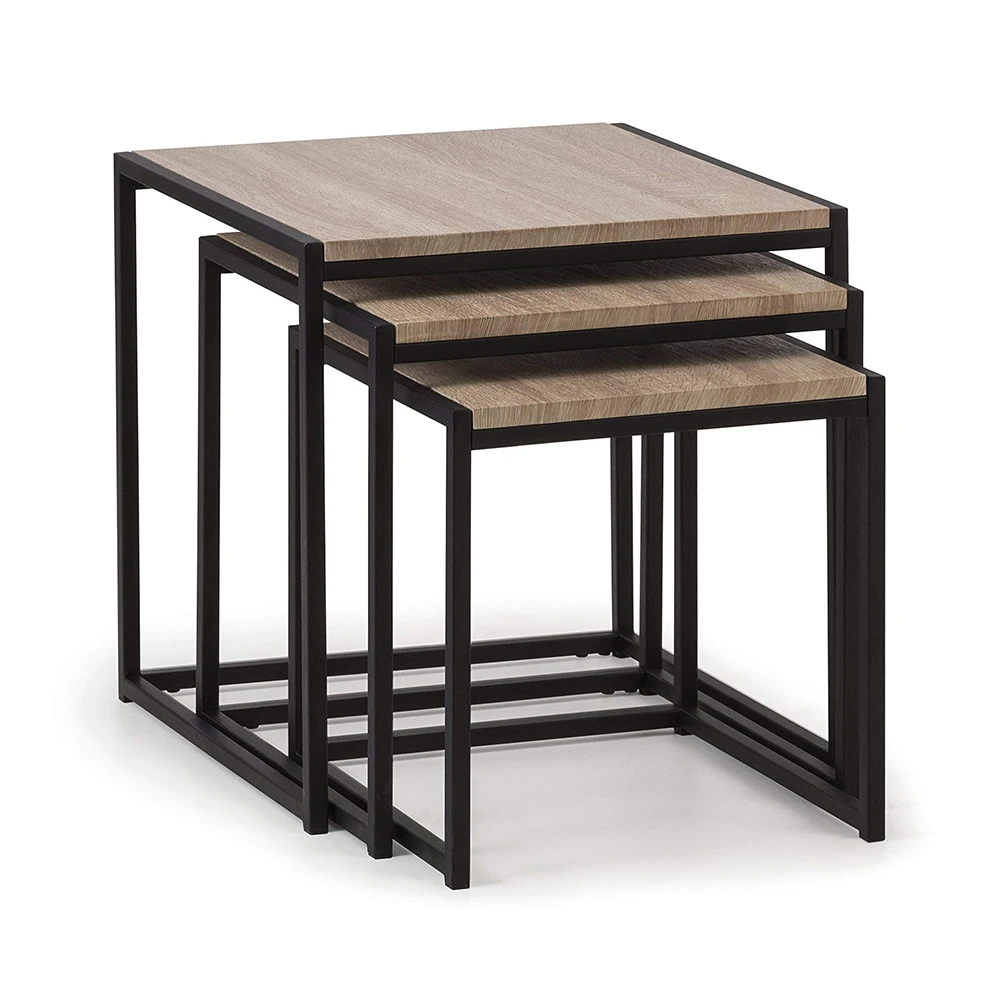 Modern Living Room Stackable square Wooden Table Top C-shaped End Table 3 in 1 Nesting Coffee Table Set With Metal Frame