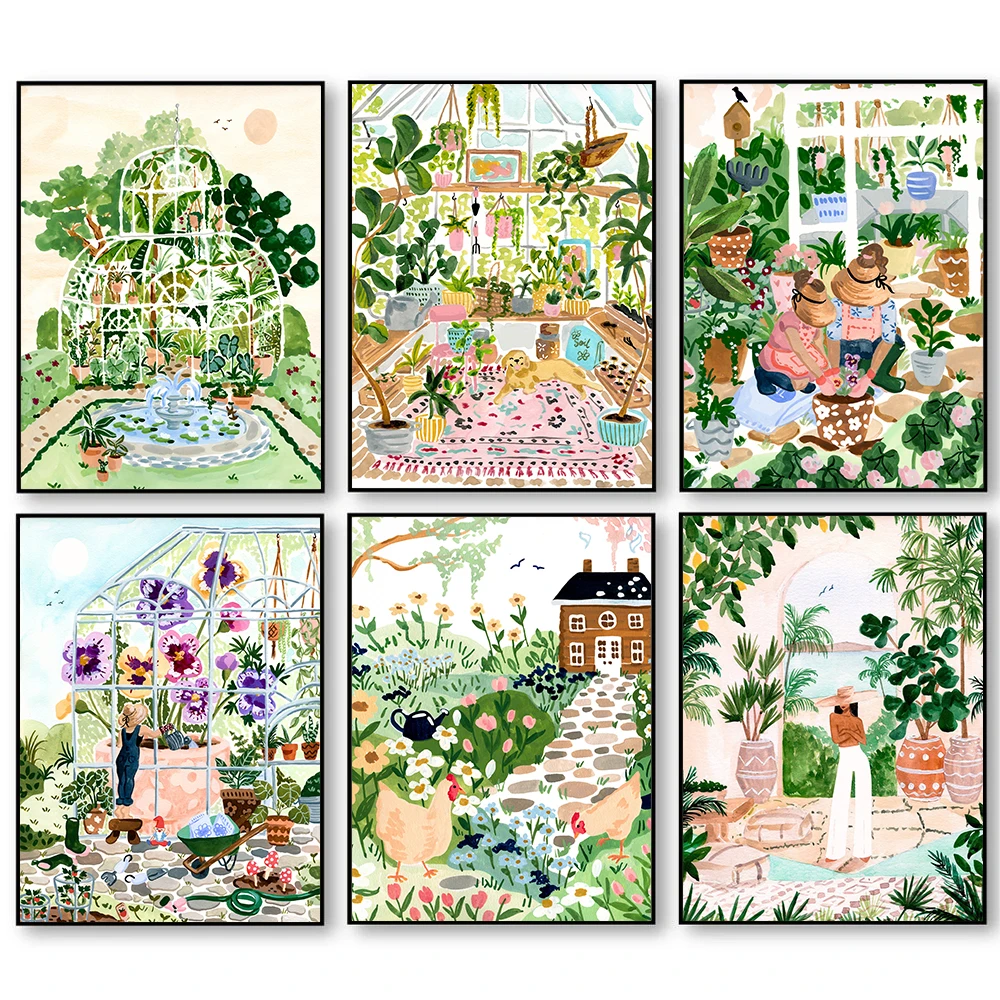 Watercolor Peaceful Botanical Garden Spring Floral Greenhouse Plants Chickens Poster Canvas Painting Wall Pictures Home Decor