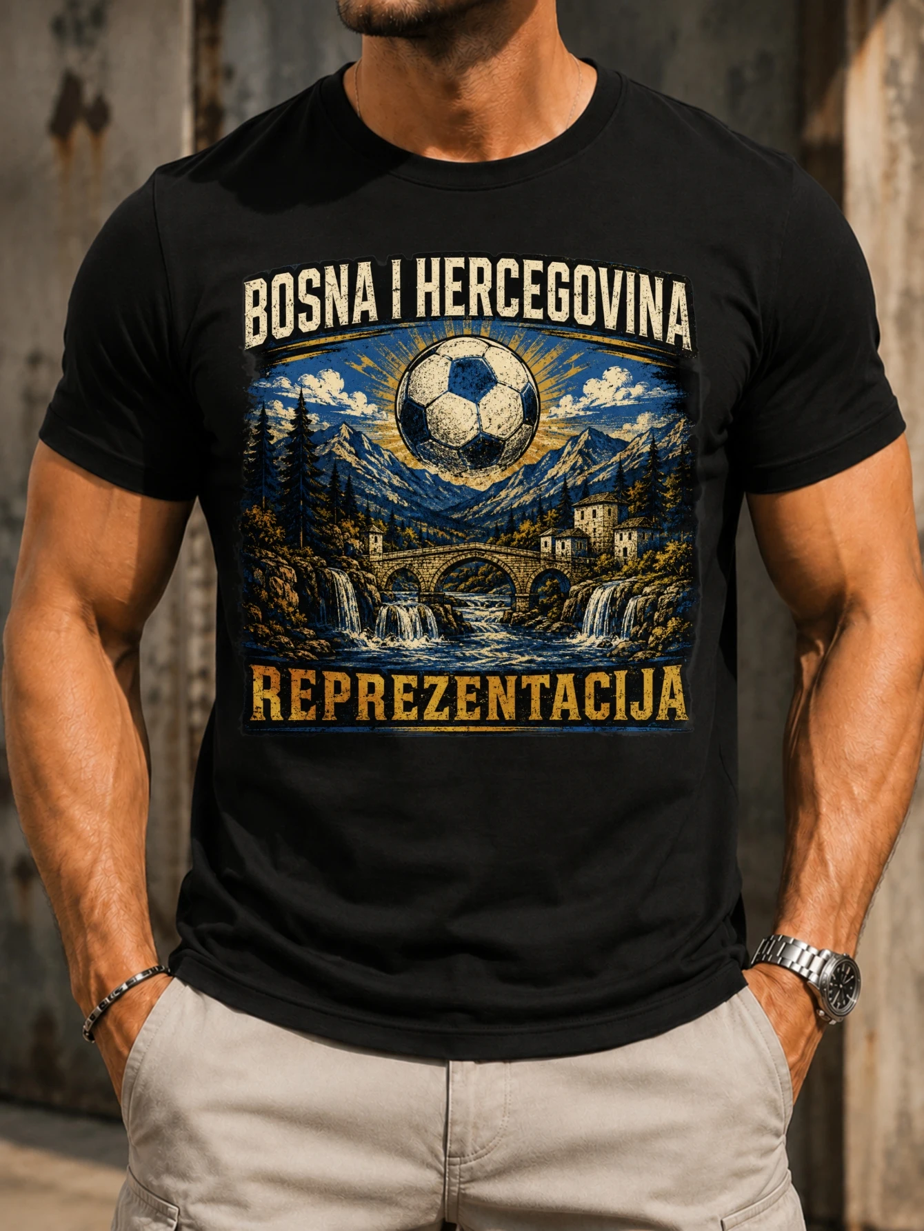 Bosna I Hercegovina soccer ball over mountain bridge waterfall scene vintage blue gold  Unisex All T-Shirt