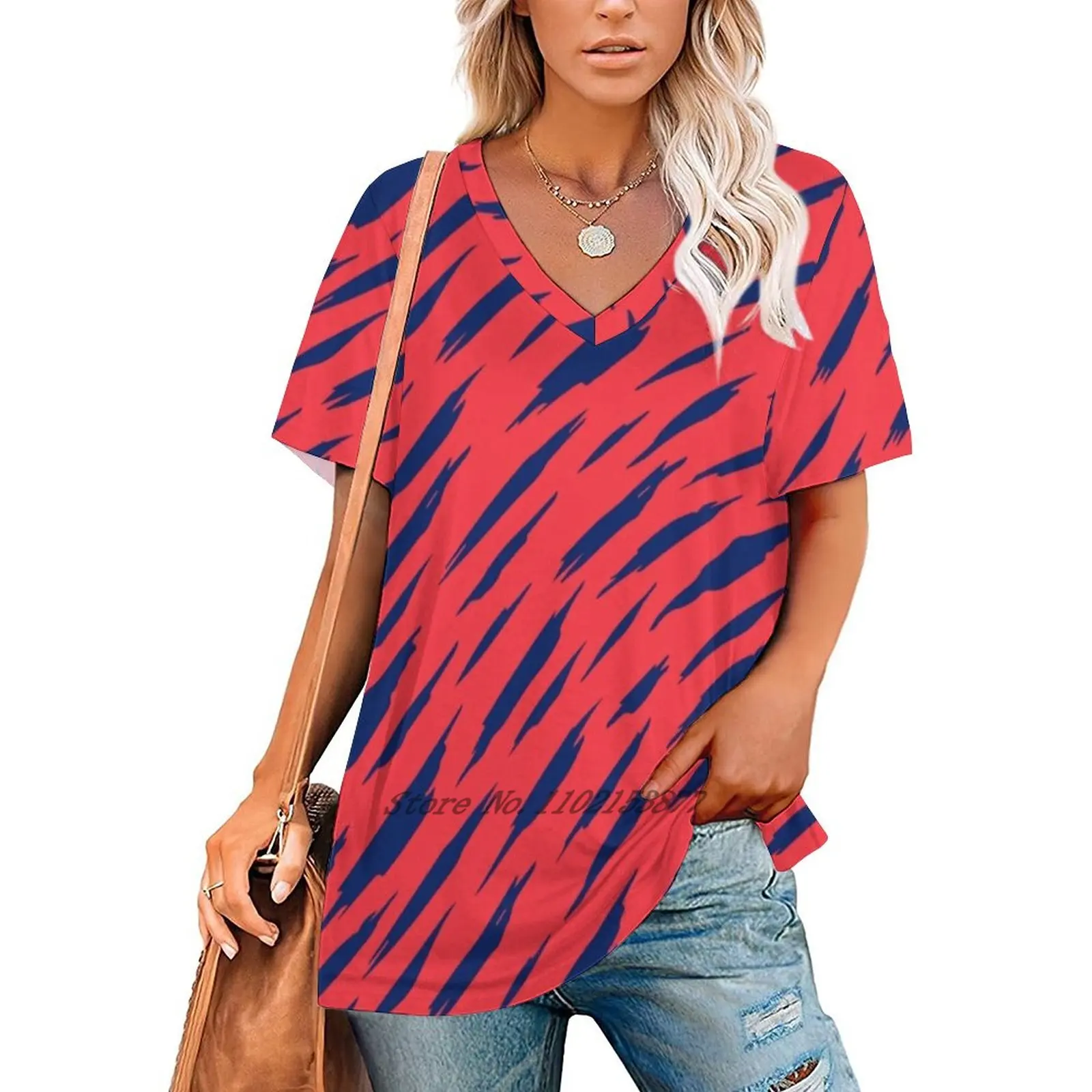 Abstract Pattern Women V Neck T-Shirt Casual Sexy T Shirts Hollow Out Zipper Pullover Top Abstract Pattern Blue Red Grunge Spot