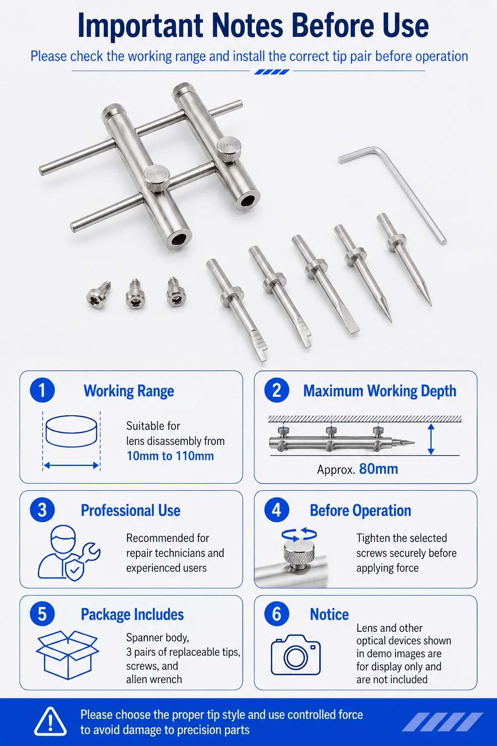Stainless Steel Adjustable Lens Opening Tool, Cross Spanner Wrench 3 Tip Sets for Camera Filter Telescope Optical Lens Repair